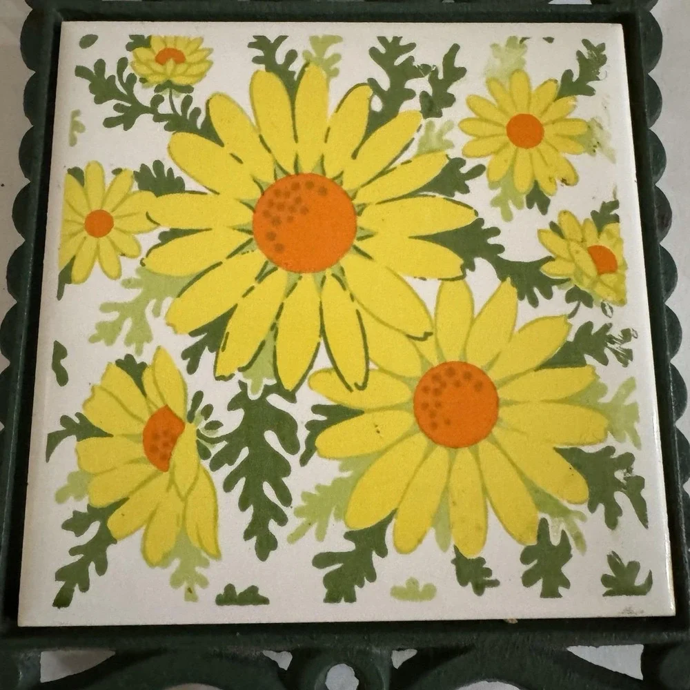 Pair Vtg 70s Ceramic Tile Cast Iron Trivet Green Orange Ladybugs Flowers Japan